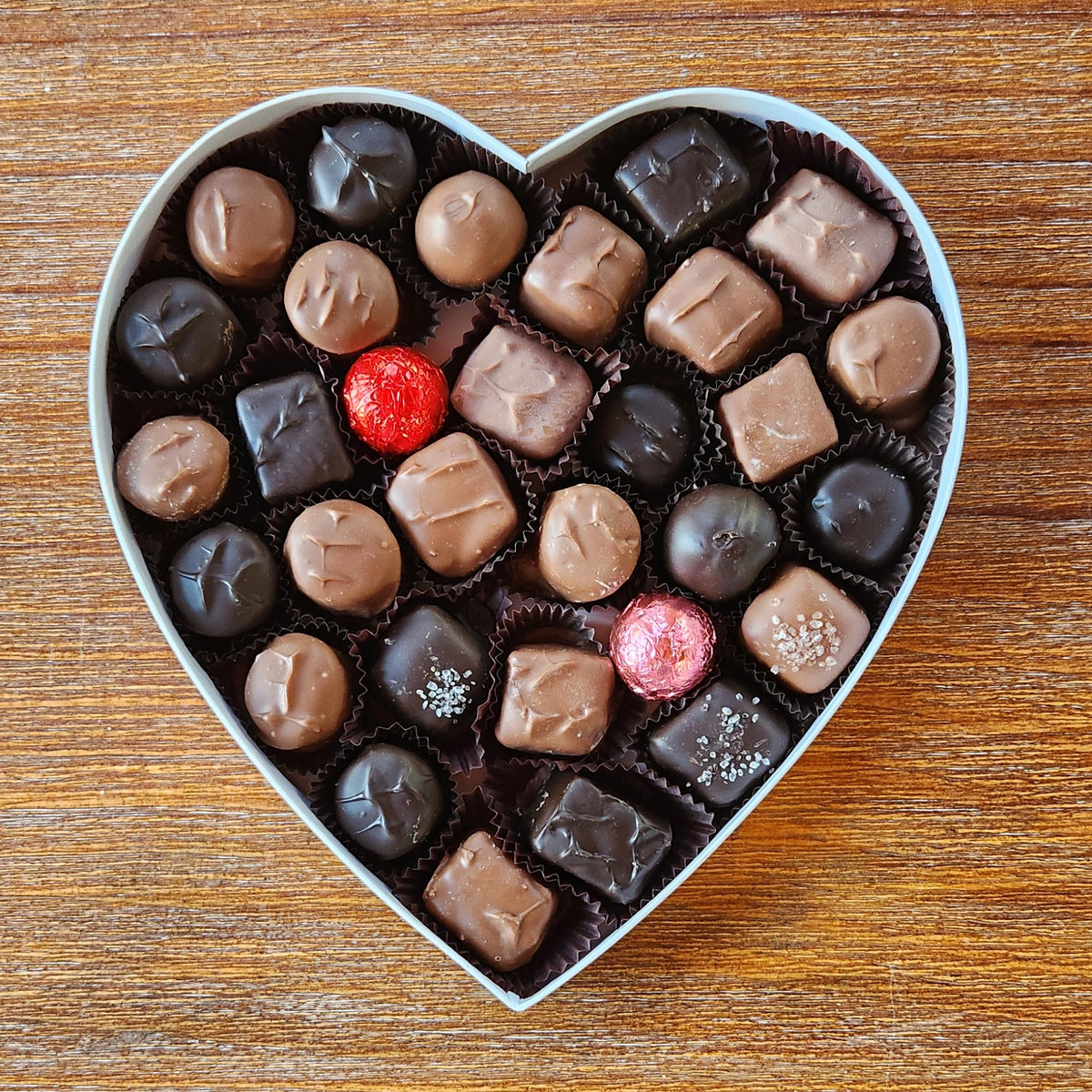 Crimson with White Hearts and Bow - Assorted Chocolates