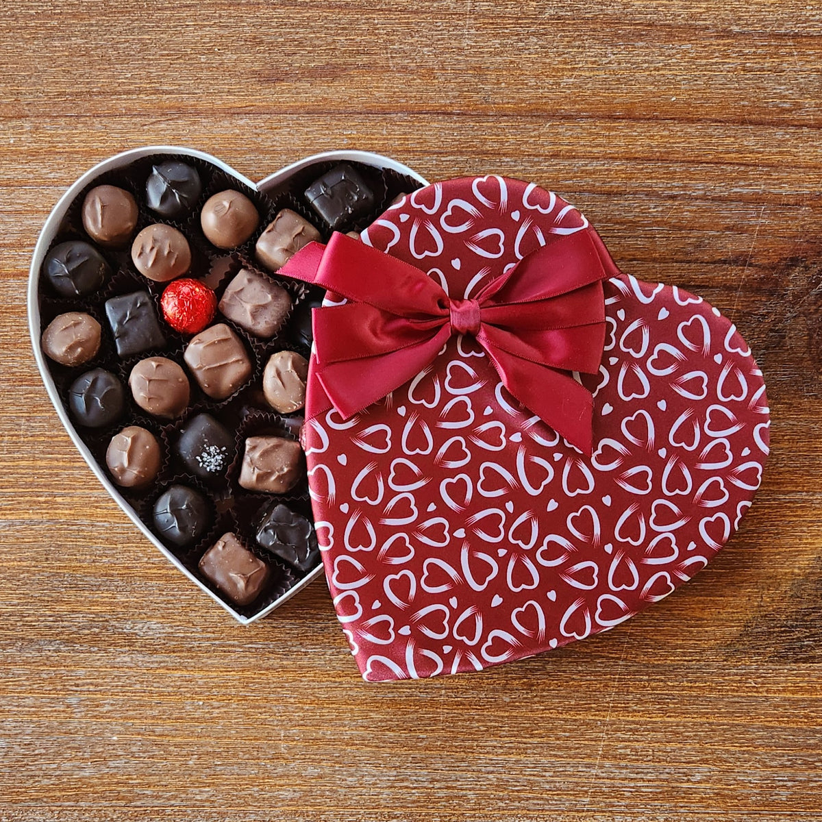 Crimson with White Hearts and Bow - Assorted Chocolates